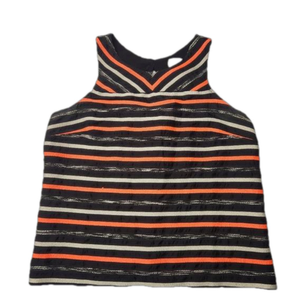3/$25 HD in Paris sleeveless black striped dressy tank top sixe 12 back cut outs